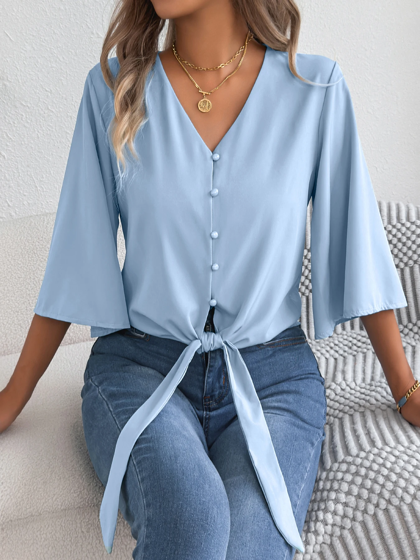 Women Autumn Casual Shirt V Neck Long Sleeve Lace Up