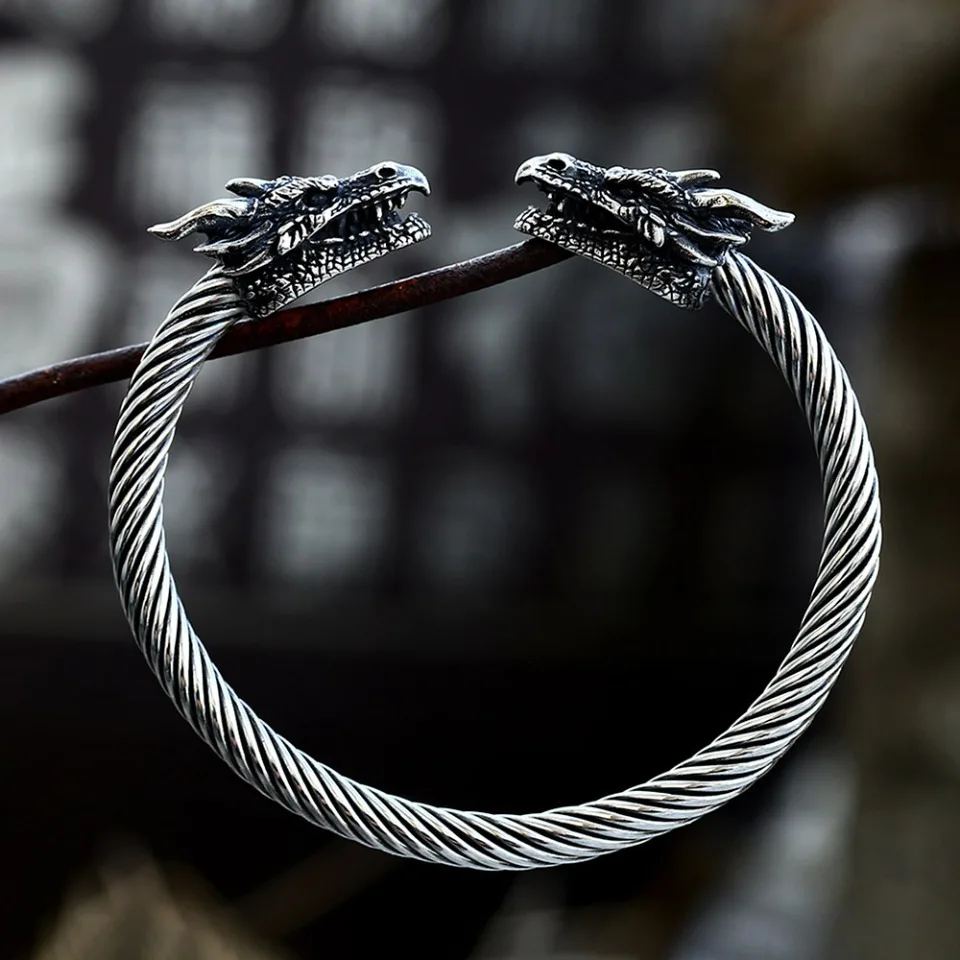 Vintage Viking Double Dragon Heads Bracelet Punk Stainless Steel Animal Open Bracelet for Men stainless steel bracelet bangle bracelet