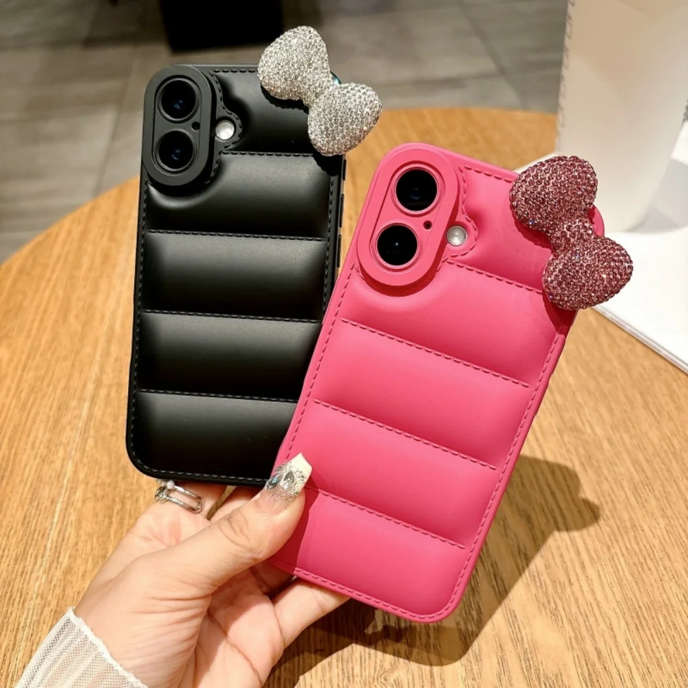 Luxury and Fashionable Diamond Bow Soft Down Jacket Phone Case
