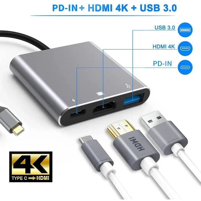 Plugable Adaptador multipuerto USB C a HDMI, concentrador USB C 3 en 1 sin  controlador con salida HDMI 4K, puerto de carga USB 3.0 y USB-C, compatible