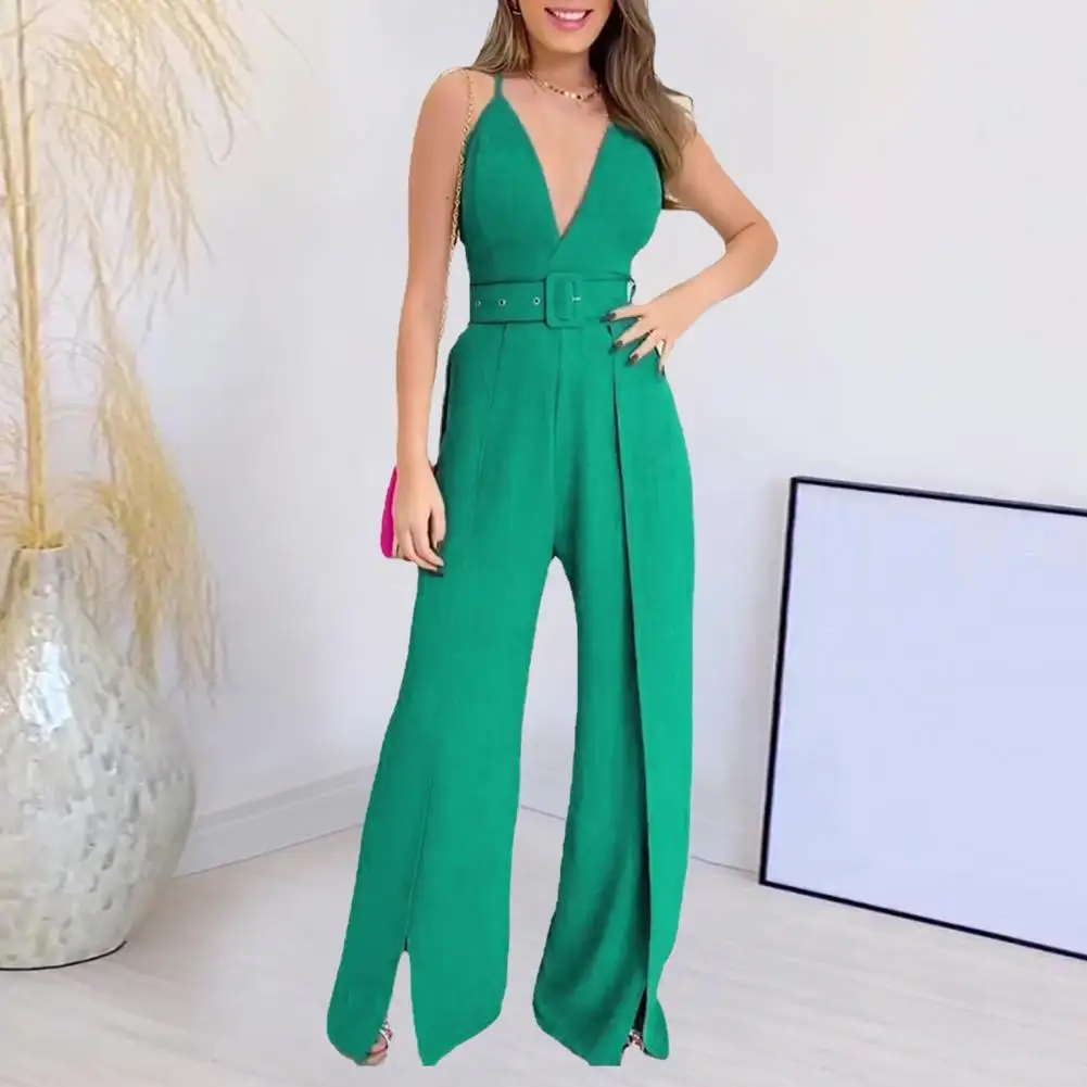 Office Jumpsuit Elegant V-neck Sleeveless Jumpsuit with Wide Leg Belted Waist for Business Summer Events Stylish Comfortable