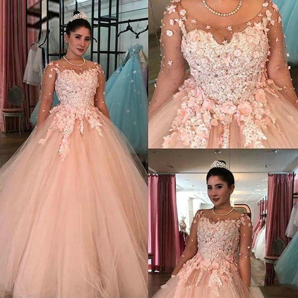 

Кружевное бальное платье, платья для Quinceanera, румяна с глубоким круглым вырезом и длинными рукавами, милые платья 16, для дебютанта, 15 лет, платья принцессы