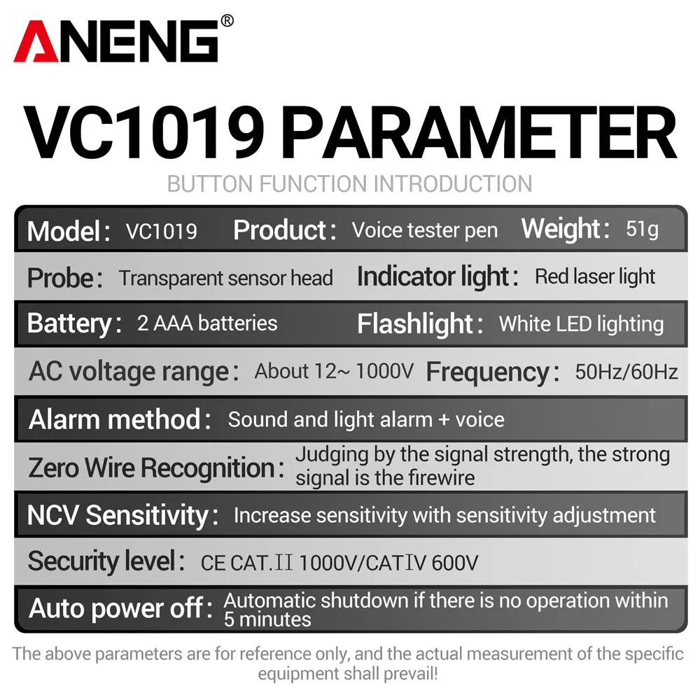 ANENG VC1019 Intelligent Voice Broadcast Tester Pen 12V-1000V Infrared Sensor Positioning Voltage Tester Electric Wire Detector 6