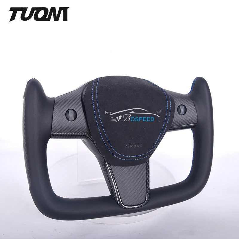 

Custom For Tesla Model 3 Model Y Carbon Fiber Black Smooth Leather Yoke Steering Wheel