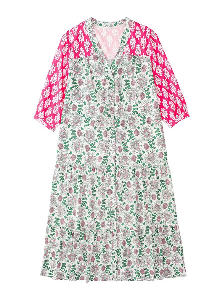 

BBWM Women Summer Patchwork Print Dress Ladies Elegant Half Sleeve Front Button Midi Dress