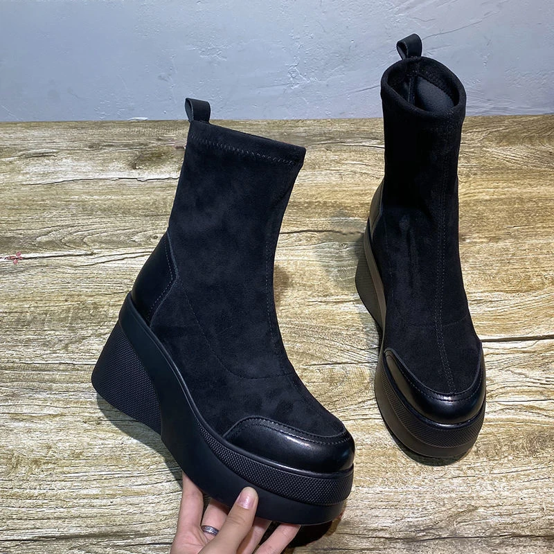 Autumn Spring Women Shoes Woman Platform Boots Fashion Round Toe Ankle Boots 2022 Winter Elastic Black Wedge Comfortable Botas