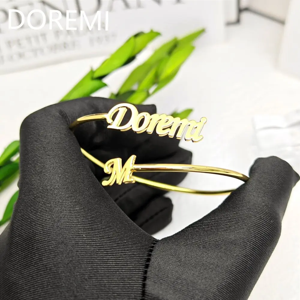 DOREMI Custom Name Spiral Letters Bangle Double Name Gold Women Bracelet Initial Letter Gift Jewelry