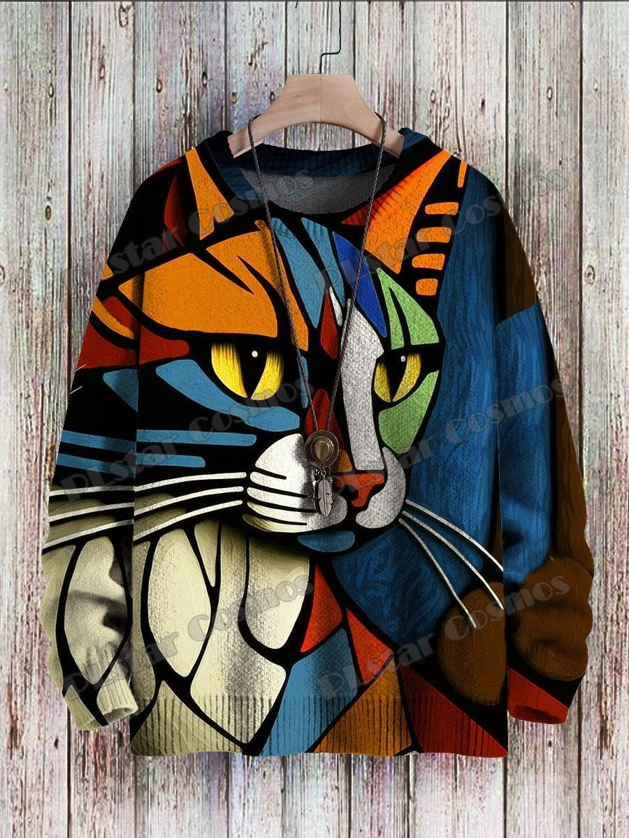 

PLstar Cosmos Abstract Art Cat Multicolor Pattern 3D Printed Men's Crewneck Sweater Winter Unisex Casual Knit Pullover Sweater