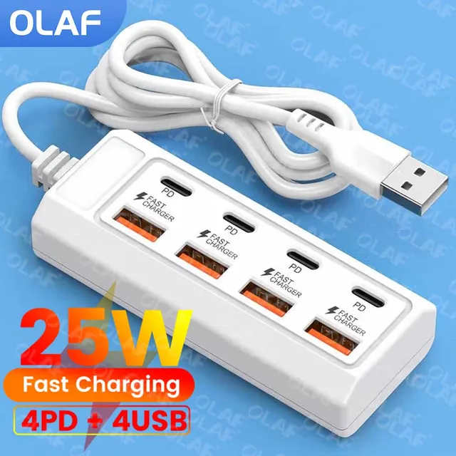 8 Port 25W USB C PD Charger Station Power Strip Electrical Socket Fast Charging Wall Charger Adapter For iPhone Xiaomi Samsung 1
