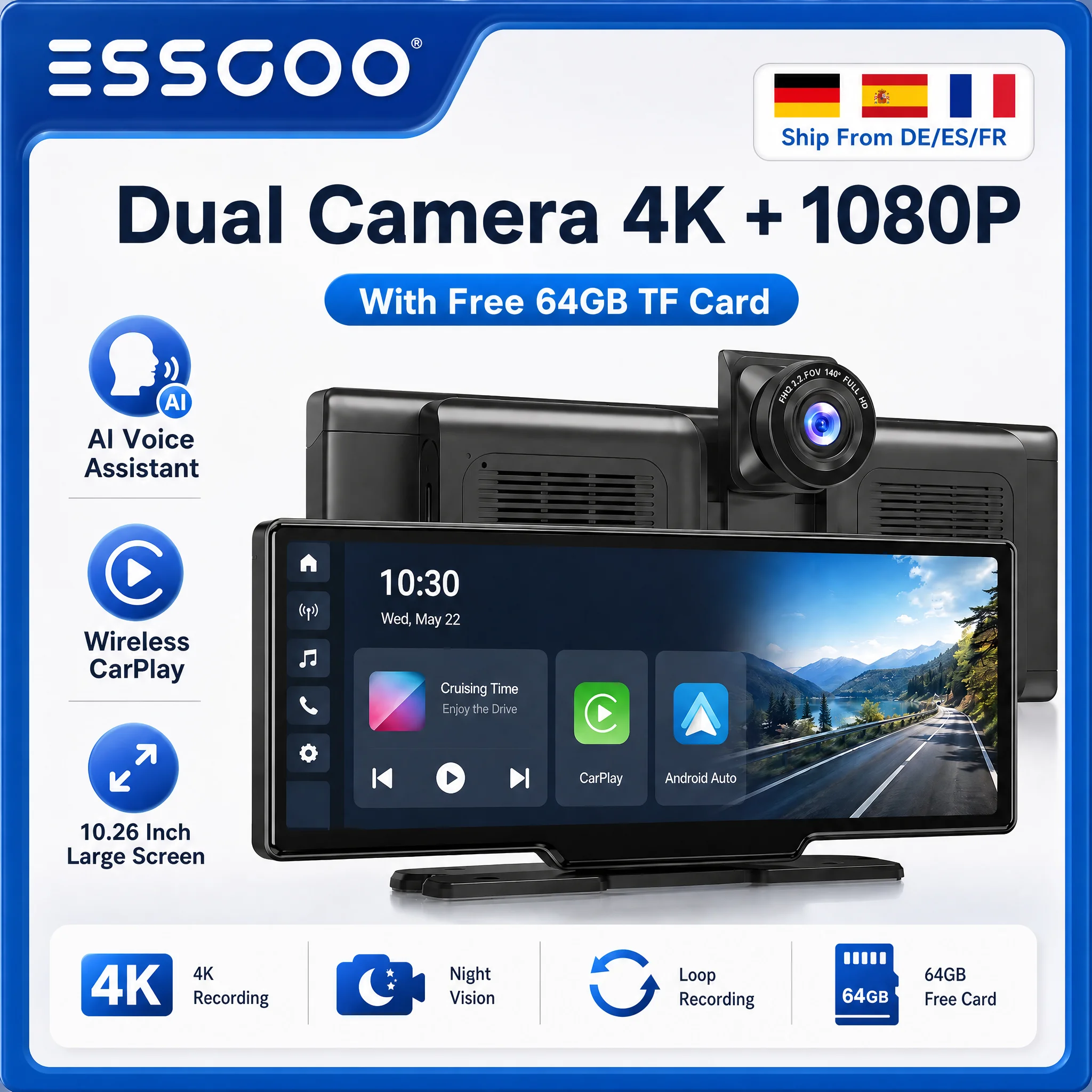 ESSGOO 10,26 "Wireless CarPlay y Android Auto Dash Cam ADAS 4K DVR Bluetooth Audio AUX GPS navegación salpicadero grabadora de vídeo 1