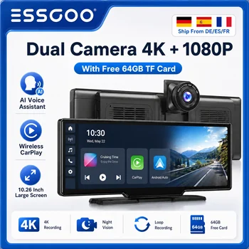 ESSGOO 10,26 "Wireless CarPlay y Android Auto Dash Cam ADAS 4K DVR Bluetooth Audio AUX GPS navegación salpicadero grabadora de vídeo 1
