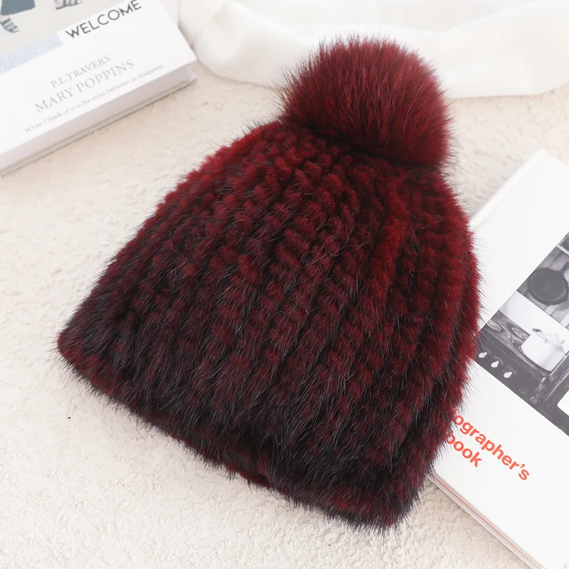 Women Winter Hats Real Mink Fur Hat For Women Thicken Female Fur Caps Ladies Winter Knitted Mink Beanies Fox Pompoms Hat