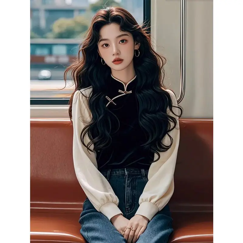 Chinese Improved Top Long Sleeve Autumn Winter Qipao Top Bottom New Chinese Style Black Velvet Button Shirt For Women