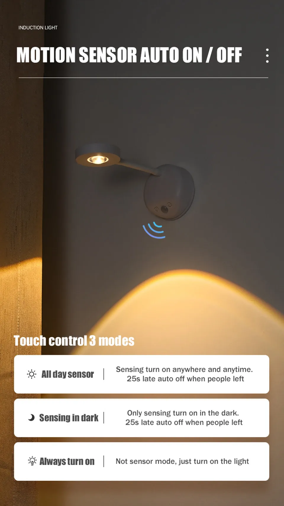 Description Picture 5 of itemRemote LED Wall Lamp Motion Sensor Light 3 Color USB Rechargeable Night Light Wireless Photo Wall Painting Lighting
