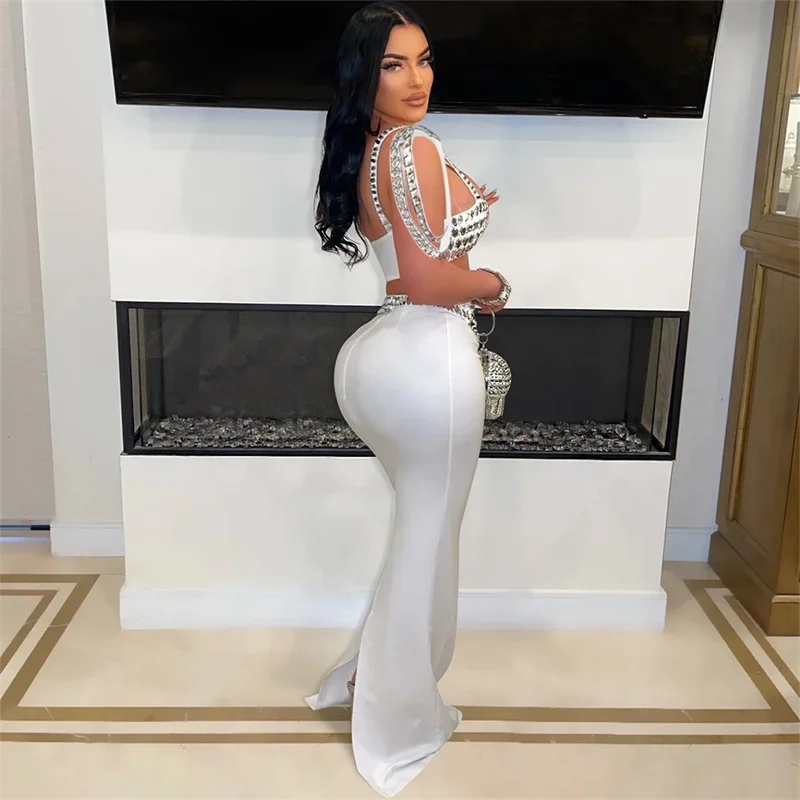 Women Diamante Decoration Slanted Straps Sleeveless Short Tops Two Piece Sets Wrap Hip Fishtail Floor-length Skirt Female Suits