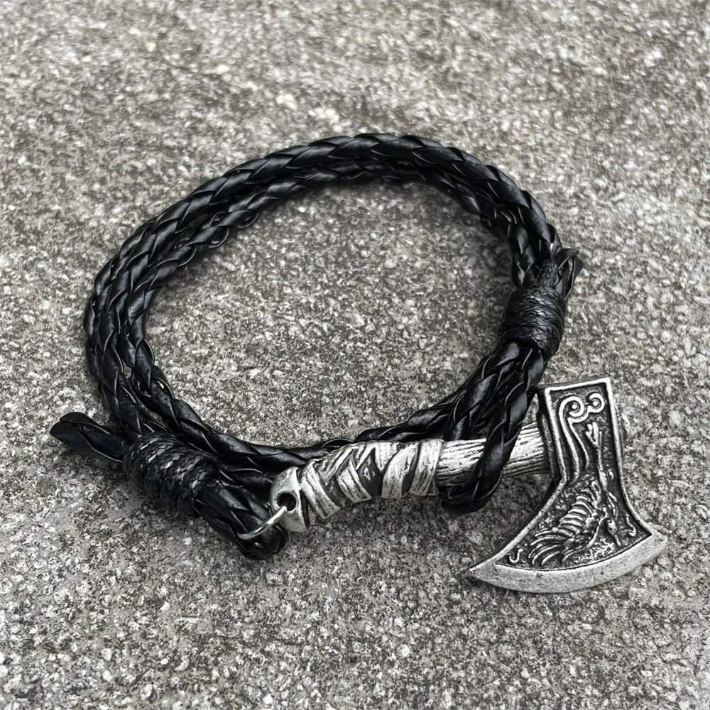 Viking Axe Charm Wolf Raven Amulet Slavic Kolovrat Norse Men's Leather Accessories Handmade Braided Wrap Pirate Bracelet