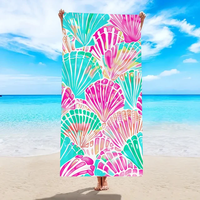 1pc ocean element beach towel, shell starfish printed large beach towel, outdoor swimming, vacation, camping beach towel 4