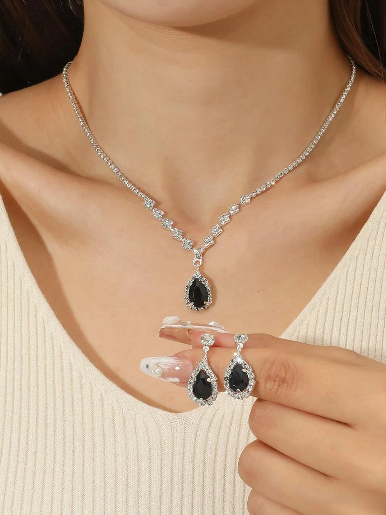 3er-Set für Hochzeitssaison, modische Tröpfchen-Halskette und Ohrringe für Damen, Bankett-Party-Accessoires 4055 – Detail 12