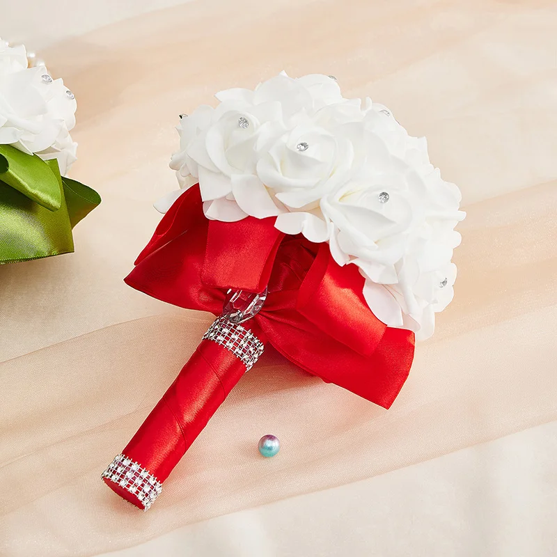 Elegant Artificial Rose Bridal Bouquet with Satin Ribbon Handle for Wedding Ceremony Decoration and Bridesmaid Gift