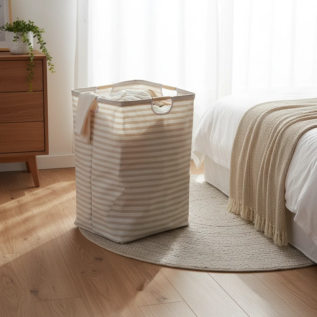 Foldable Cotton Linen Laundry Basket with Handles for Home Storage and Organization