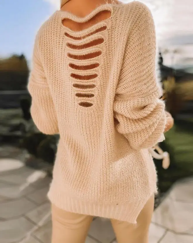 

Women's Casual Versatile Fashion Autumn and Winter 2024 New Long Sleeve Ladder Cutout Open Back Chunky Knit Sweater