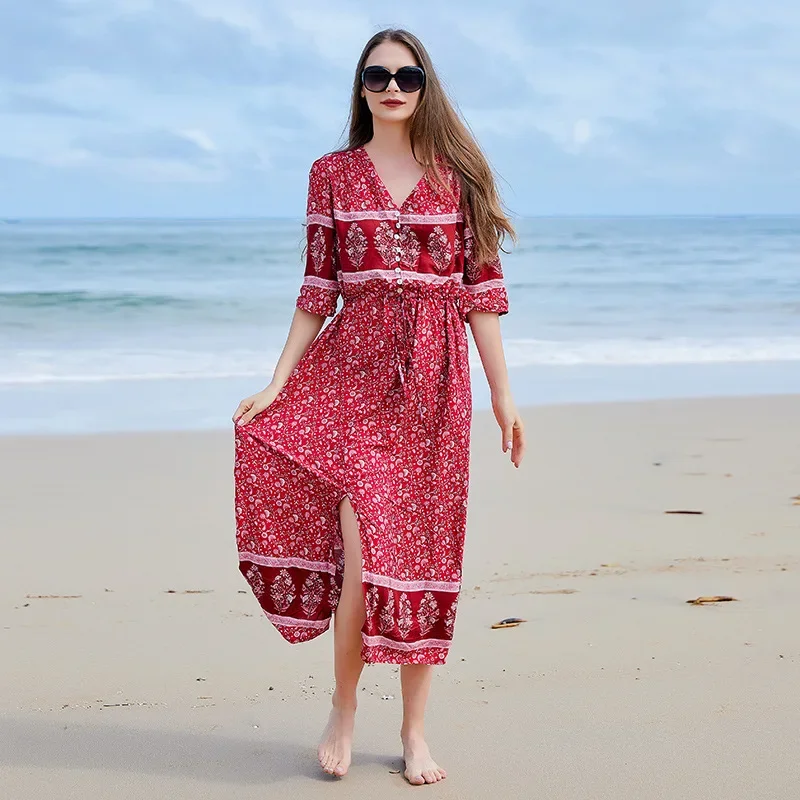 V-neck seaside vacation dress, women's oversized floral breasted dress, slit long skirt at the hem plus size dresses