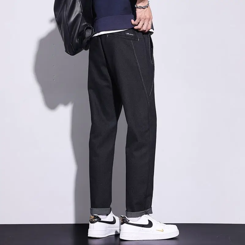 Elastic High Street Casual Men Jeans Autumn Winter Combination Straight Korean Chic All-match Solid Elastic Band Campus Pants 5