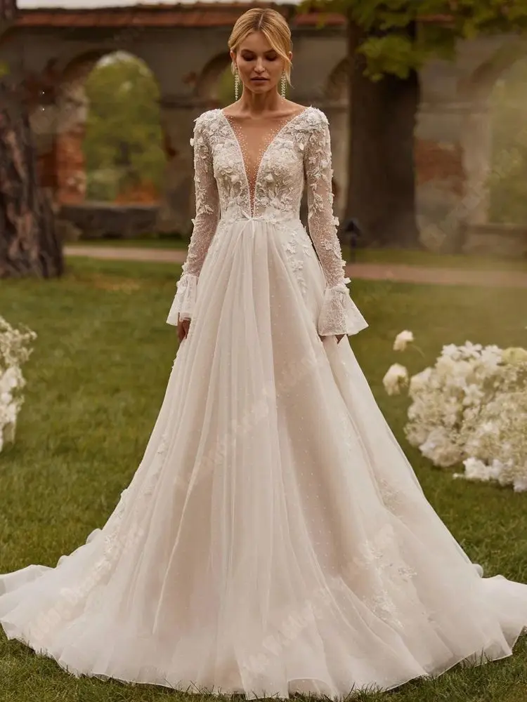 Simplicity A-Line Lady Wedding Dresses Customized V-Neck Long Trumpet Sleeves Bridal Gowns Shining Decals Embellishments Robes 3
