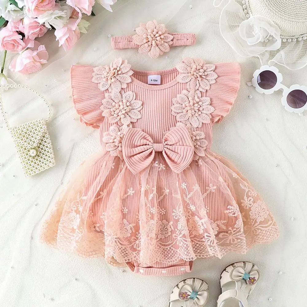 Cotton Baby Girl Princess Dress Bowknot Lace Mesh Baby Girl Bubble Dress Short Sleeve Sweet Infant Dress with Headband Summer