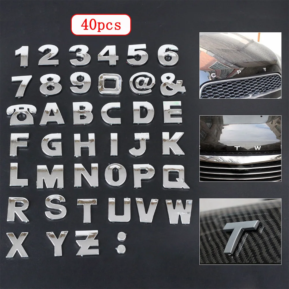 

40Pcs/set 3D Chrome Silver DIY Alphabet Letter Number Symbol Emblem Badge Decals Car Stickers Car Exterior Decor Accessories