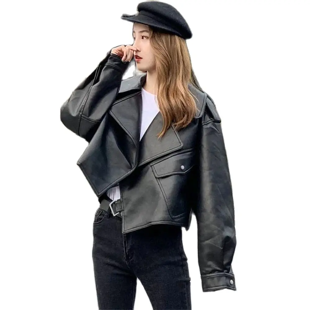 

Women Faux Leather Jacket Biker Red White Coat Turndown Collar PU Motorcycle Jackets Loose Streetwear Outerwear New Spring Coat