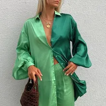 Satin Oversized Shirt Trousers Set Women Contrasting Colors Button Top Straight Pants Suit Female 2022 Summer New Casual Outfits