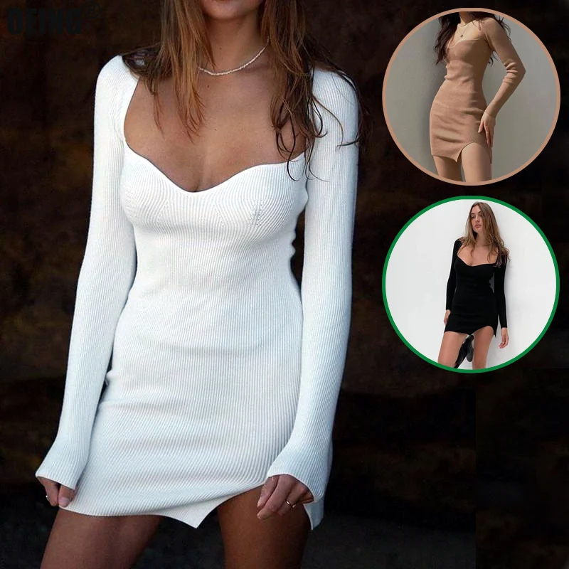 

Solid Elastic Sexy Slit Mini Long Sleeve V-neck Party Skinny Dresses For Women 2022 Y2k Hip Wrap Slim White Korean Style Dress