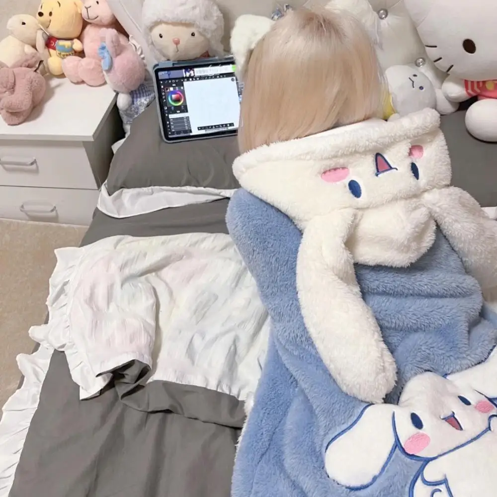 Kawaii Cinnamoroll Women Plush Pajamas Suit 2Pcs Winter Hooded Home Clothes Cartoon Thickened Homewear Girls Household Clothes women plush pajamas