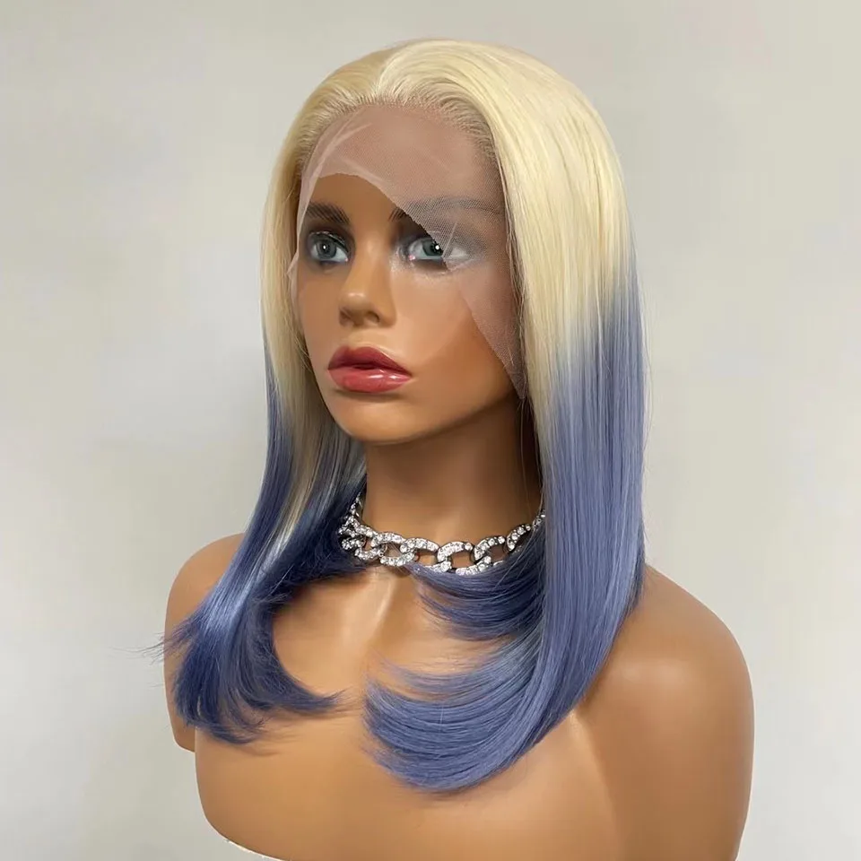 

Ombre Blue Lace Front Bob Wigs For Women Cosplay Short Colored Wig Straight 200 Density Blonde Roots Wig Glueless Synthetic Wig