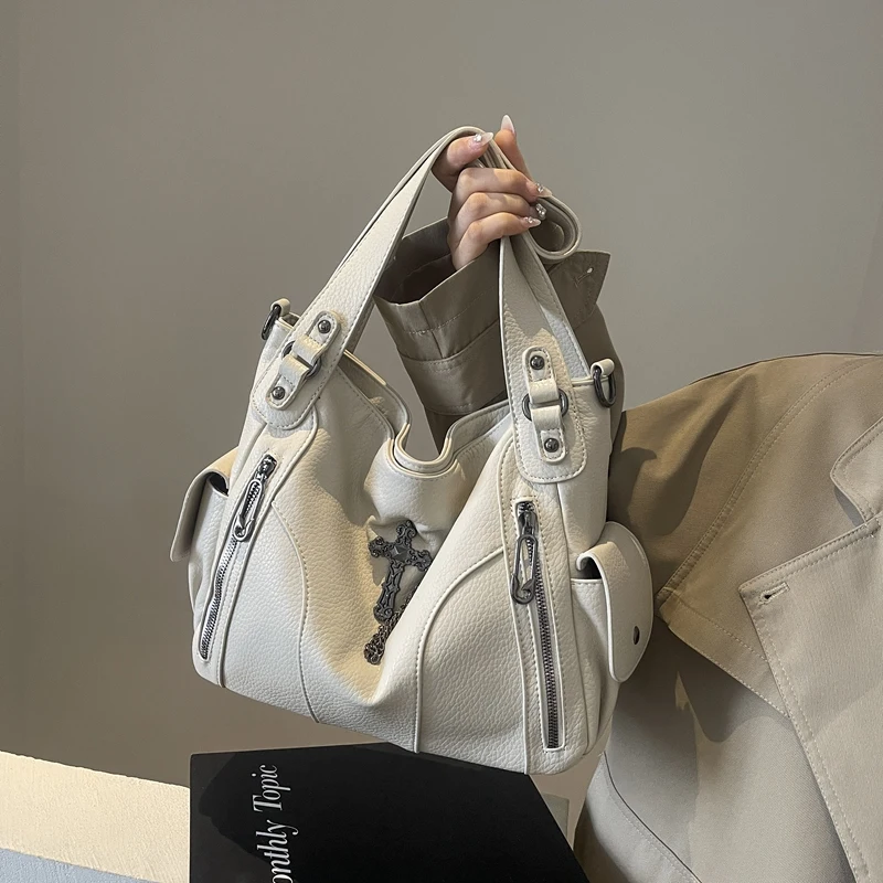 Women PU Hardware Cross Tote Bag Handbag Underarm Bag Large Capacity for Travel Shopping Daily Use