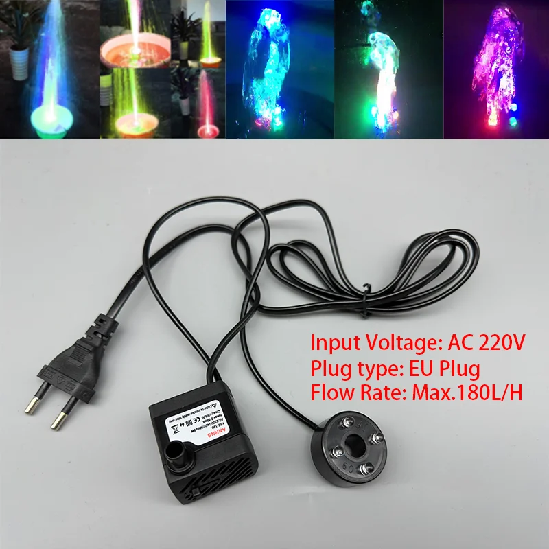 

Submersible Pump 220V 3W Maximum Flow 180L/H Four LED Lights Aquarium Fish Tank Pond Luminous Fountain Water Pump EU Plug