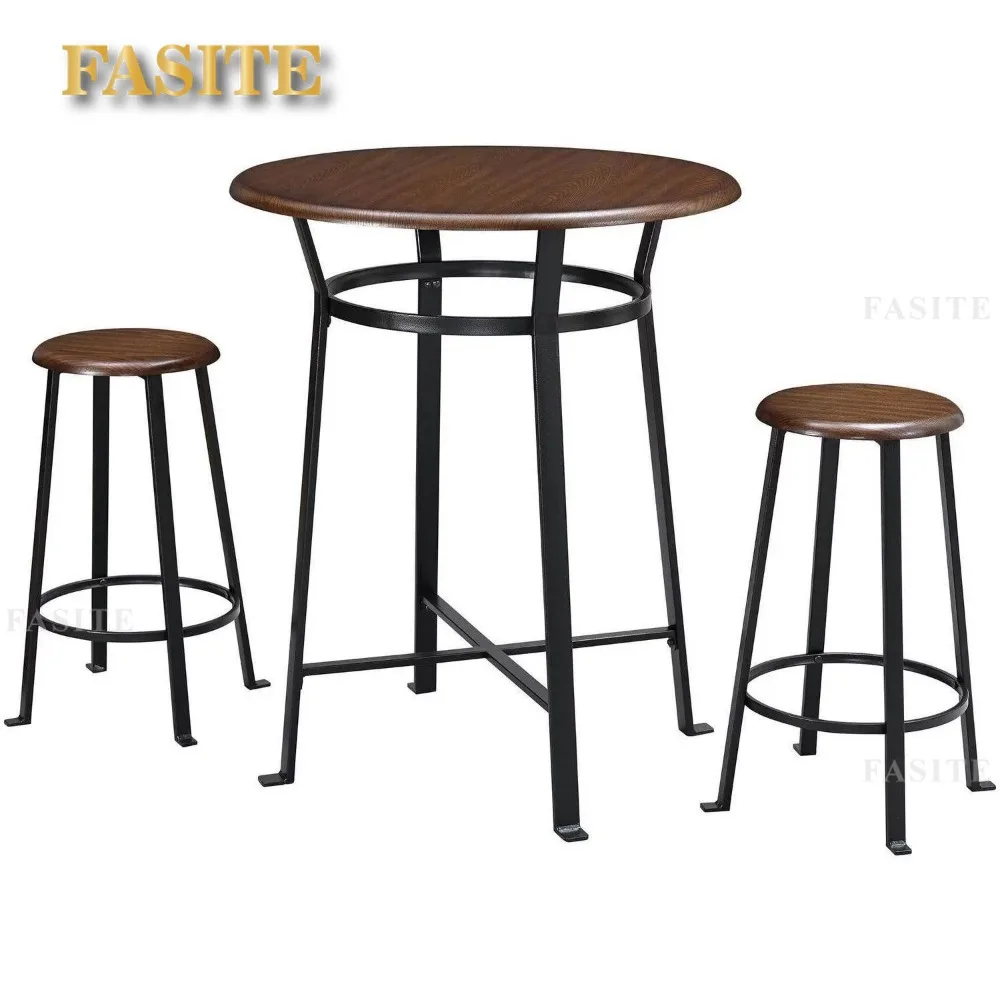 Round 3-Piece Metal Pub Set with Wooden Top, Dark Mahogany kitchen table and chairs kitchen table and chairs