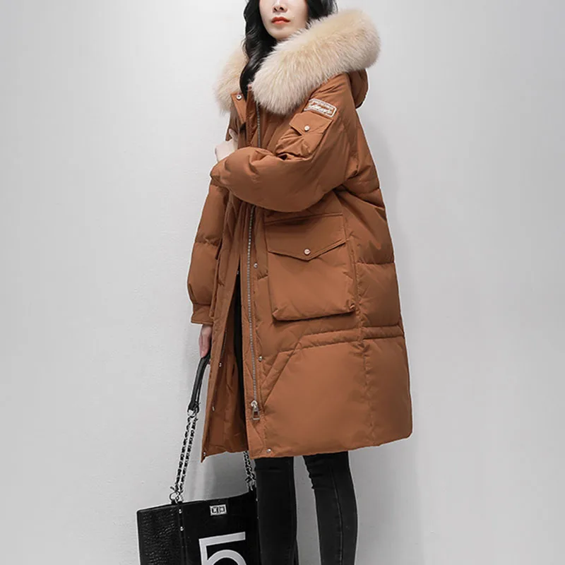 

New Snow Down Jacket Women Winter Thicke Warm Long 90% White Duck Down Coat Female Fox Fur Collar Hooded Parker Overcoat Orange