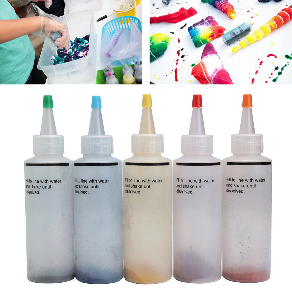 

5 Bottle Tie Dye Kit + 40 Rubber Bands + 4 pairs Vinyl gloves + Instructions