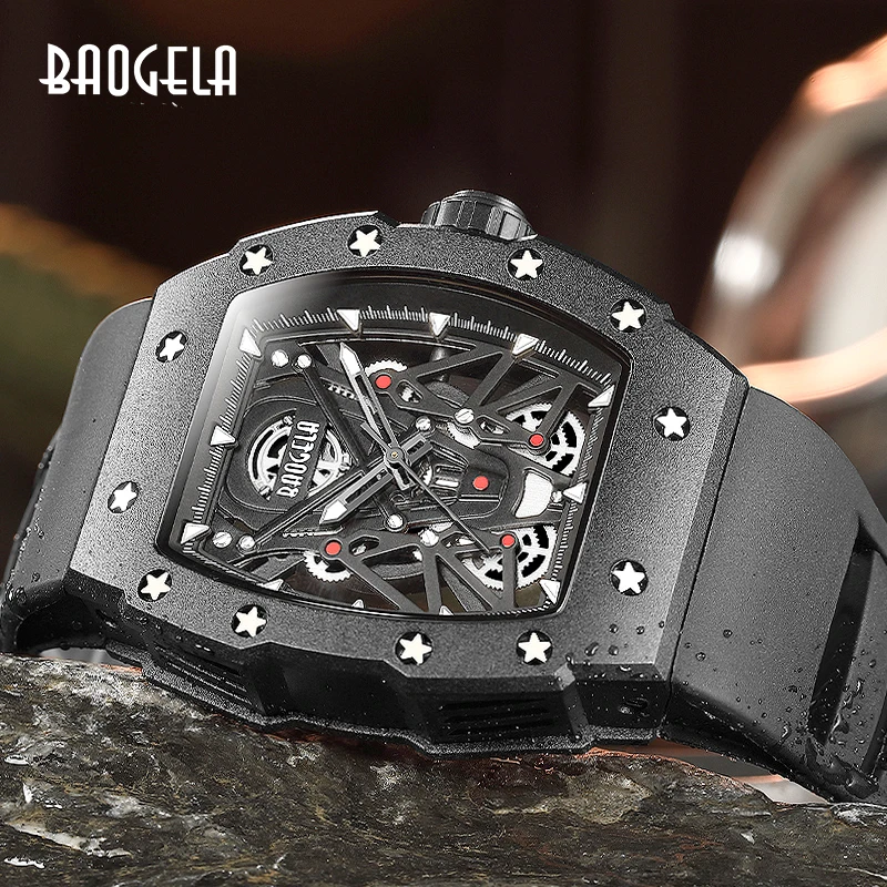 

BAOGELA Chronograph Quartz Watches for Men Military Sport Silicone Strap Waterproof Wristwatch with Tonneau Dial Auto Dropship