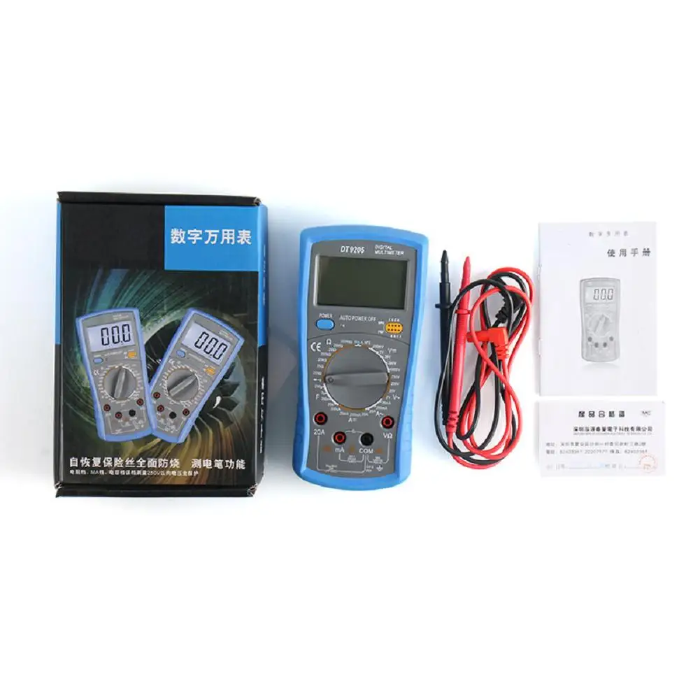 자동 범위 조정 기능이 있는 DT9205 디지털 멀티미터, 1999 카운트 LCD 디스플레이, 전압, 전류, 저항, 정전용량, 온도 측정 기능 포함