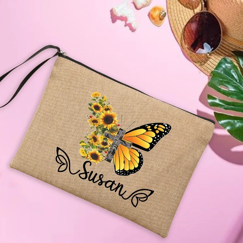 Bolsa de maquillaje con nombre personalizado para mujer, bolso de mano de lino de viaje con mariposa, protector solar para gafas de sol de playa, bolsas de almacenamiento, regalos