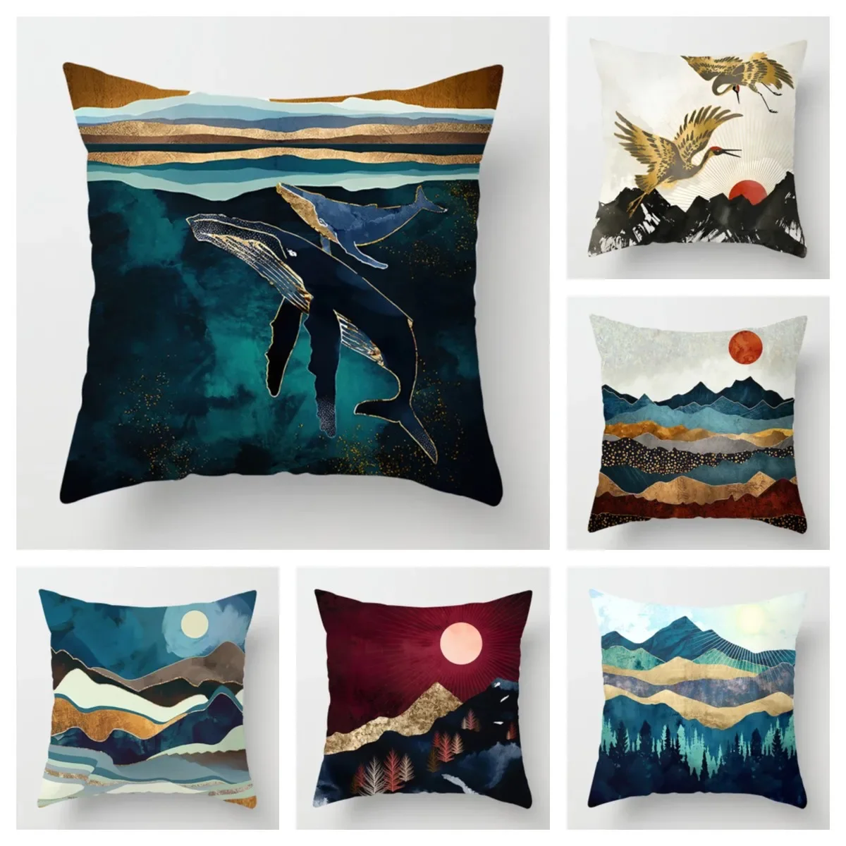 

Nordic Mountains Sunrise Whale Metal Painting Pillowcase Sofa Decoration Cushion Cover 40*40 Home Decoration Cushion Cover 60*60