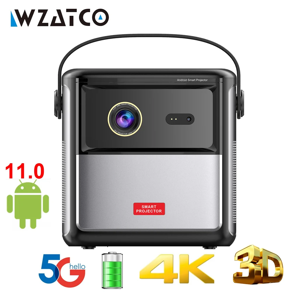 WZATCO S90 Smart DLP 3D Projector Android 11.0 5G WiFi Full HD 1080P 4K 32G 300Inch Beamer 3LED Pocket Cinema Projector battery