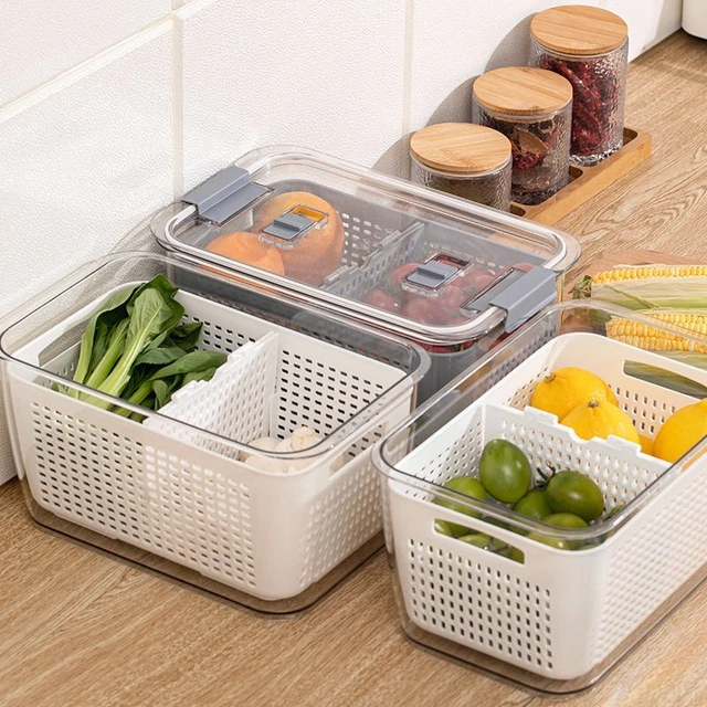 Double-layer Fridge Storage Box Refrigerator Fruit Vegetable Drain