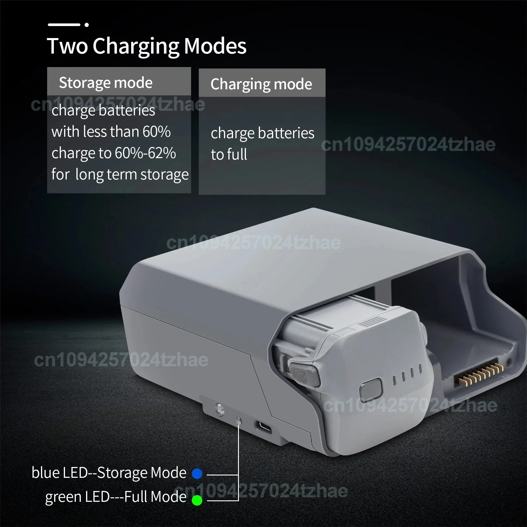 Détail des deux baies de charge du chargeur Air 3, batterie insérée dans une baie, l'autre vide.