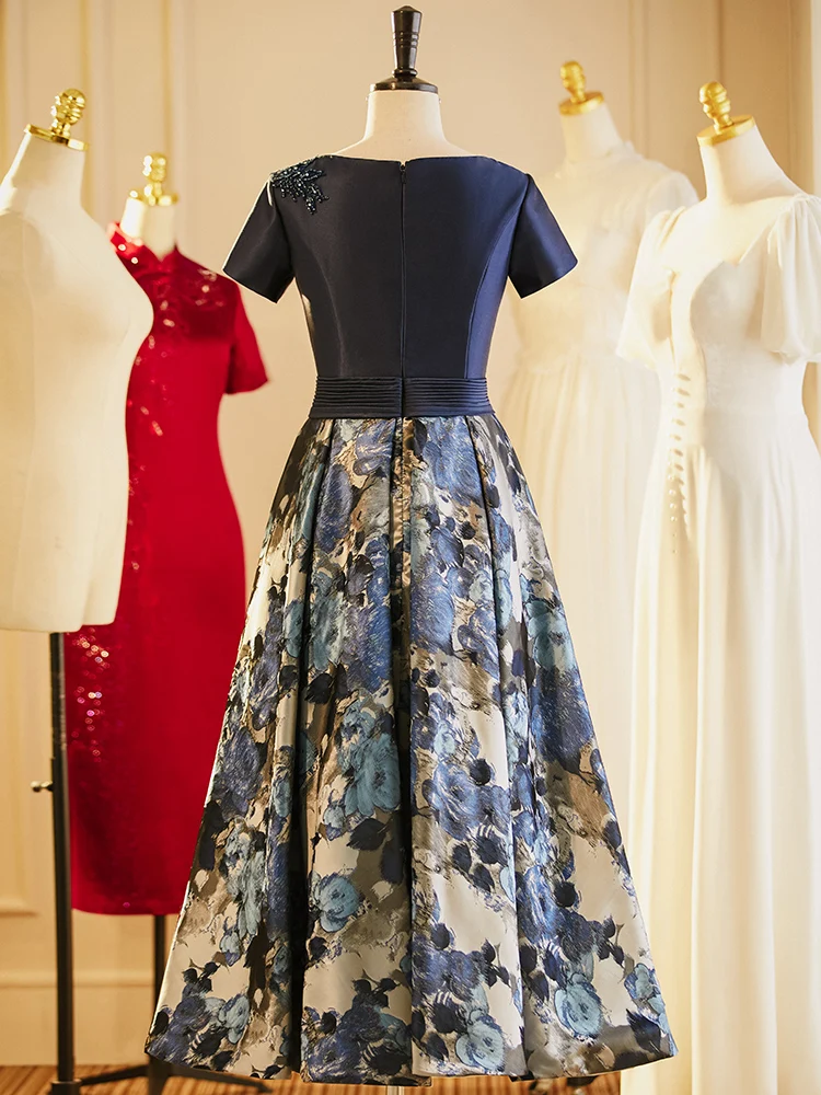Mother Bride Dresses Navy Blue Printed Satin Scoop Neck A-Line Tea-Length Midi Women Wedding Party Gowns