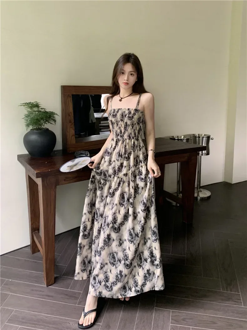 

French Rose Print Lace Dress for Women Summer Autumn New Design Sense High Waist Wrapped Chic Strap Long Dresses Cheap Wholesale