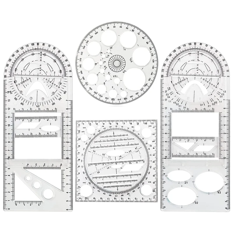 

4 Pcs Multifunctional Geometric Ruler Drawing Tools Plastic Ruler Set Mathematics Measuring Circle Drawing Rulers